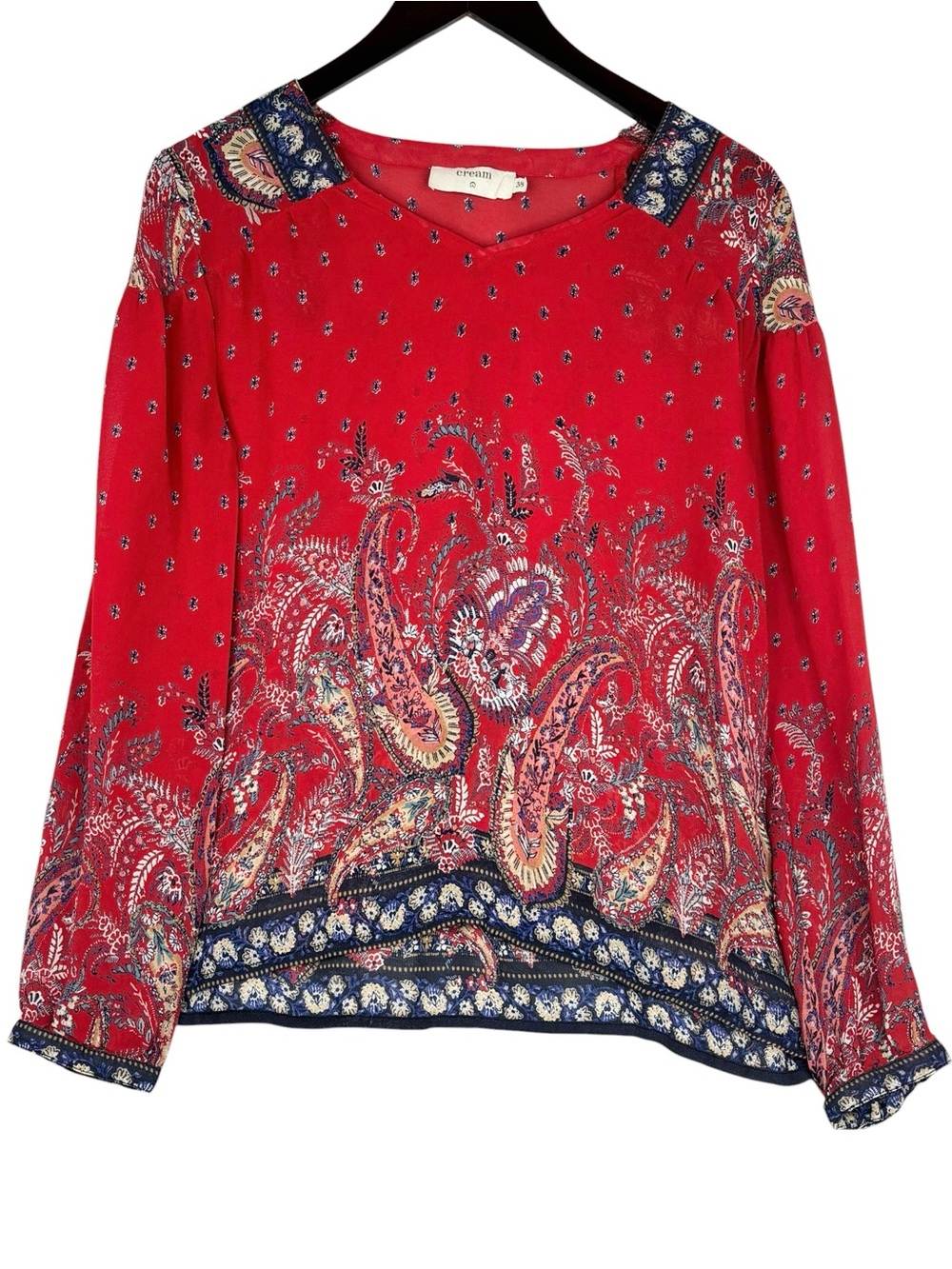 Cream Red Paisley Handkerchief Look Long Button Sleeve Sheer Blouse  EU38